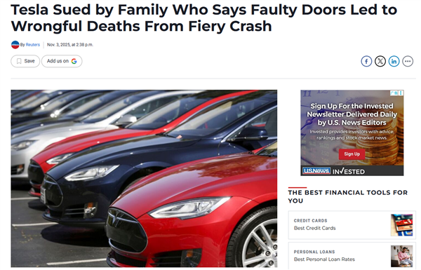 特斯拉遭诉讼:Model S事故后起火 车门无法打开致5人死亡